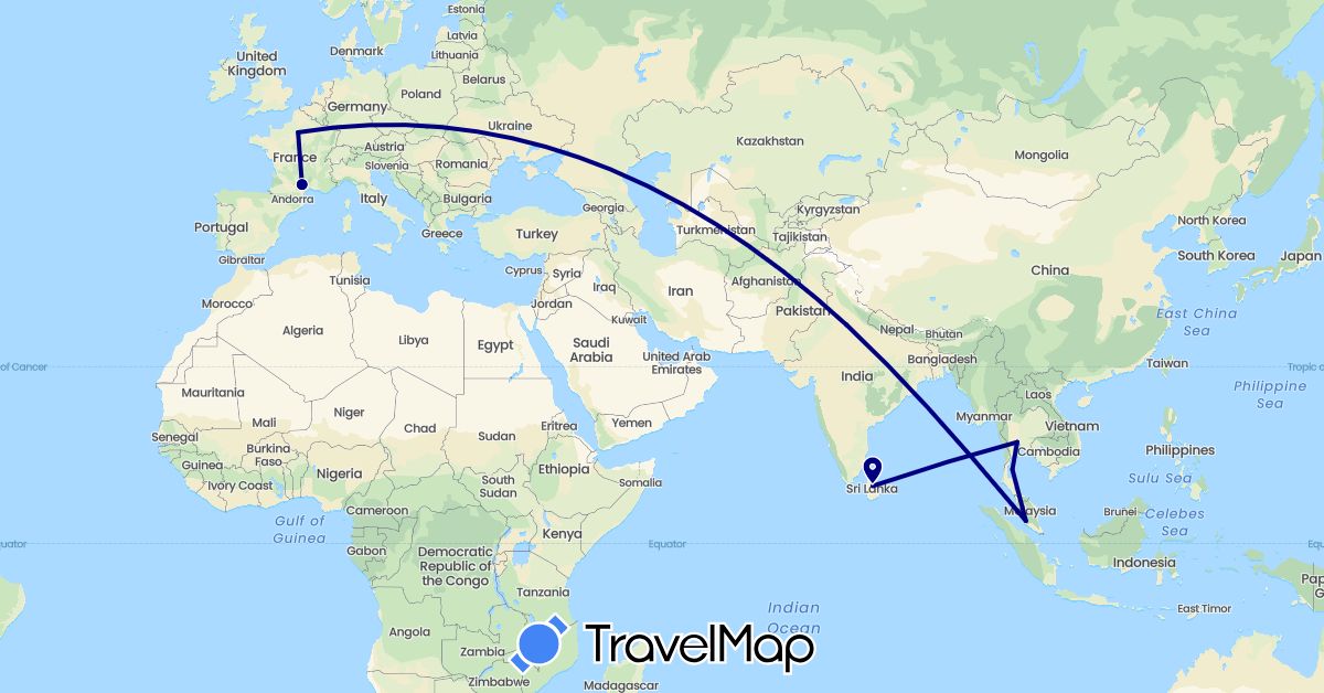 TravelMap itinerary: driving in France, India, Sri Lanka, Malaysia, Thailand (Asia, Europe)